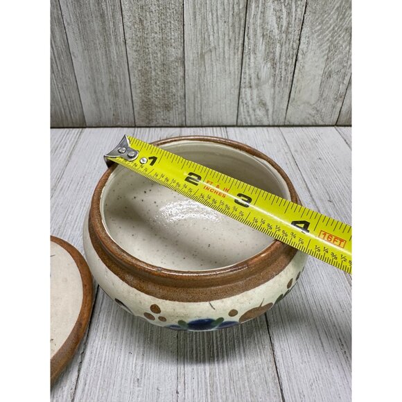 Vintage Mexican Tonala Trinket Dish with Blue Floral Accents 4" Diameter 3" Tall - Picture 10 of 14